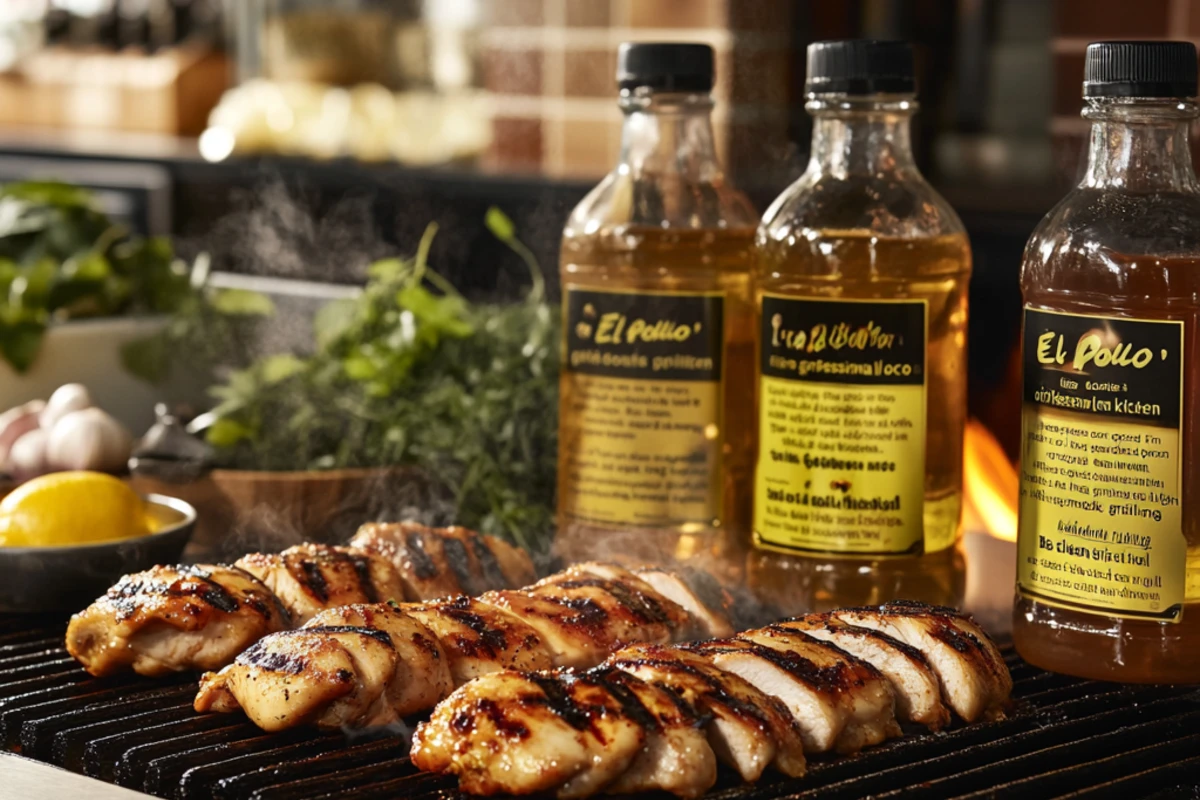 Golden-brown fire-grilled chicken with oil bottles and spices in a rustic kitchen