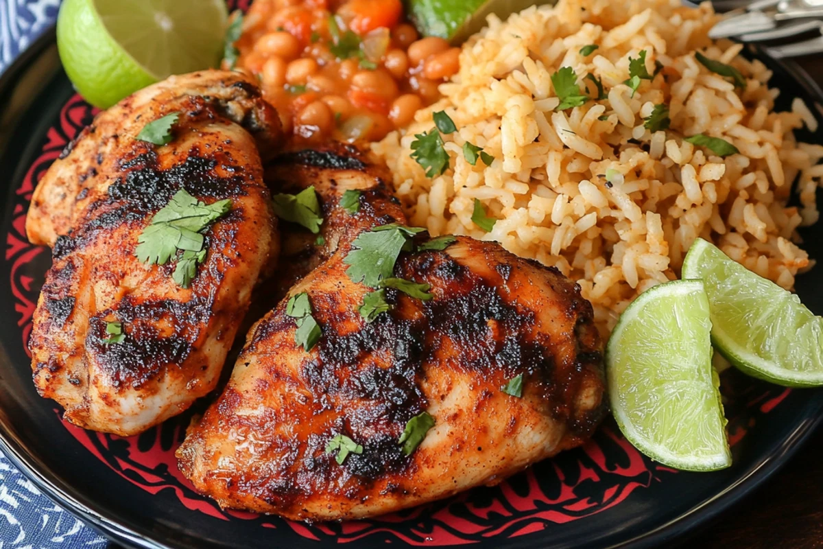 Grilled Pollo Loco with golden crust, served with Mexican rice, beans, lime wedges, and cilantro on a colorful table setting