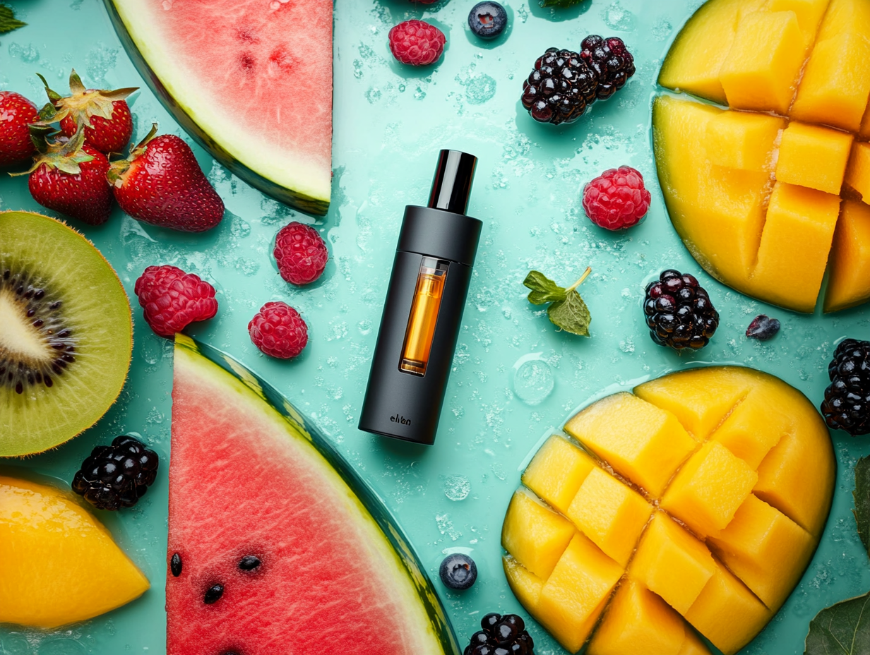 Vibrant Elf Bar surrounded by fruits and vapor